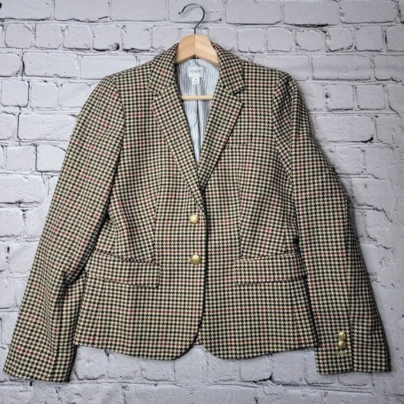 J Crew Wool Blend Patterned Schoolboy Blazer Two Button Hunter Houndstooth Sz 4 - Picture 1 of 14